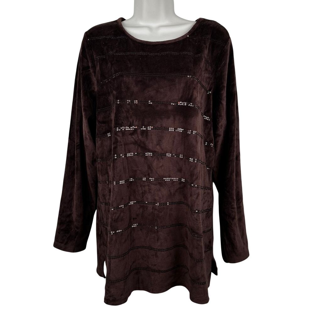 Quacker Factory Blouse Top Velour Velvet Stripe Sequins Long Sleeve Brown L